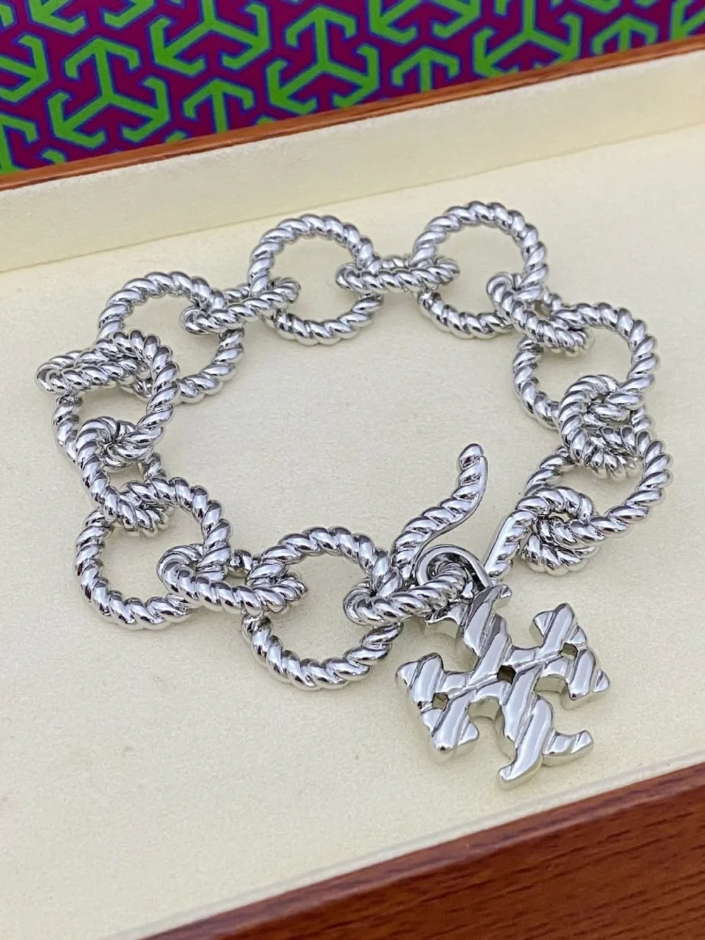 Tory Burch Silver-Tone Rope Link Logo Charm Bracelet